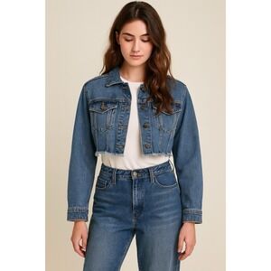 Wild Fable Women's Medium Cropped Denim Jacket Raw Hem Jean Y2K  Fall Casual